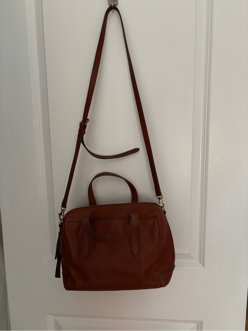 Fossil Saddle Brown Leather Satchel with Adjustable Strap
